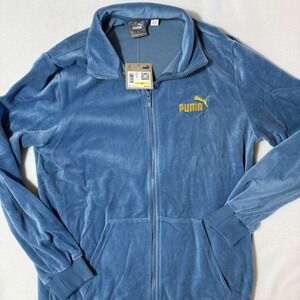 Puma ESS+ Minimal Gold Jacket Blue Horizon Velour Full Zip Track Jacket Size M